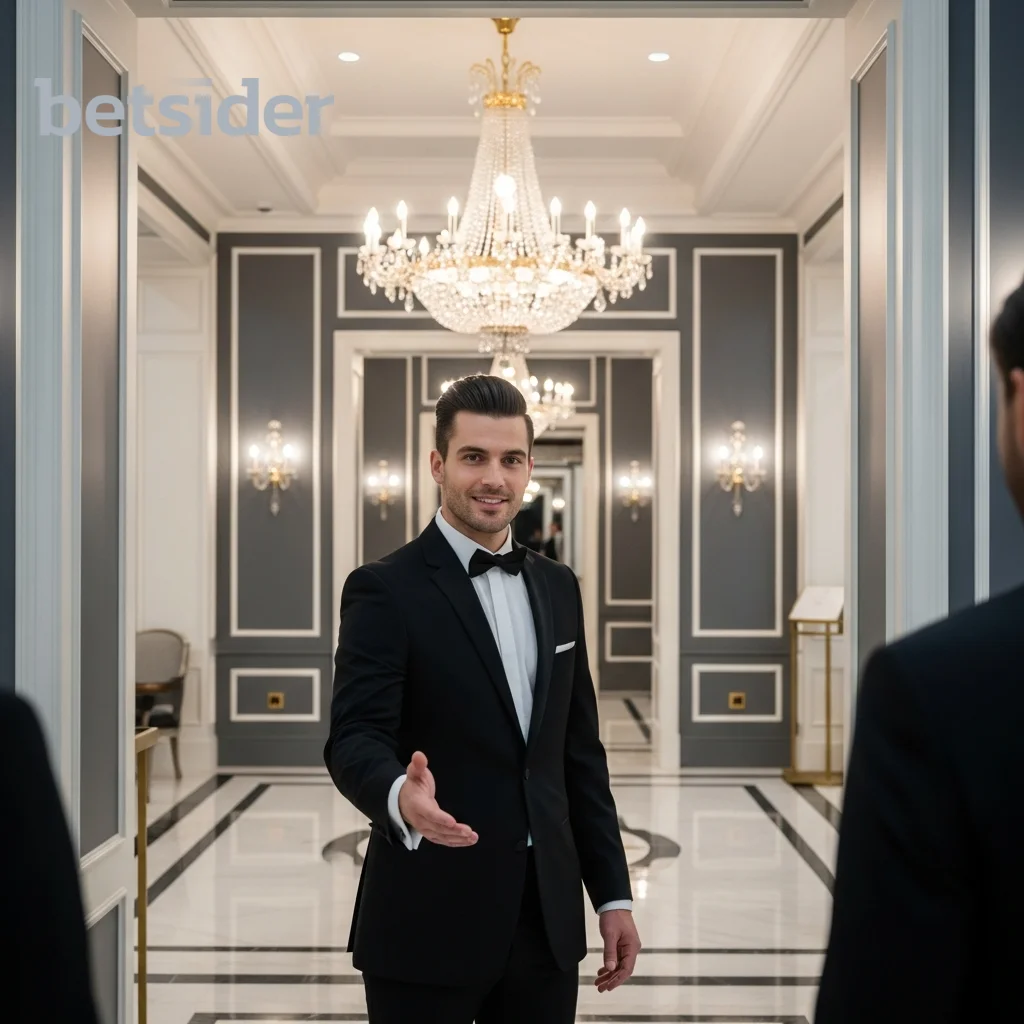 A welcoming man in a tuxedo, representing the VIP club
